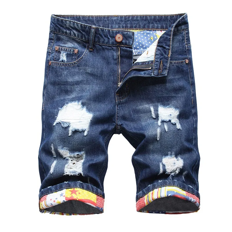 

Fashionable retro distressed men's denim shorts with water-washed patches and five-pocket design, denim mid-rise pants