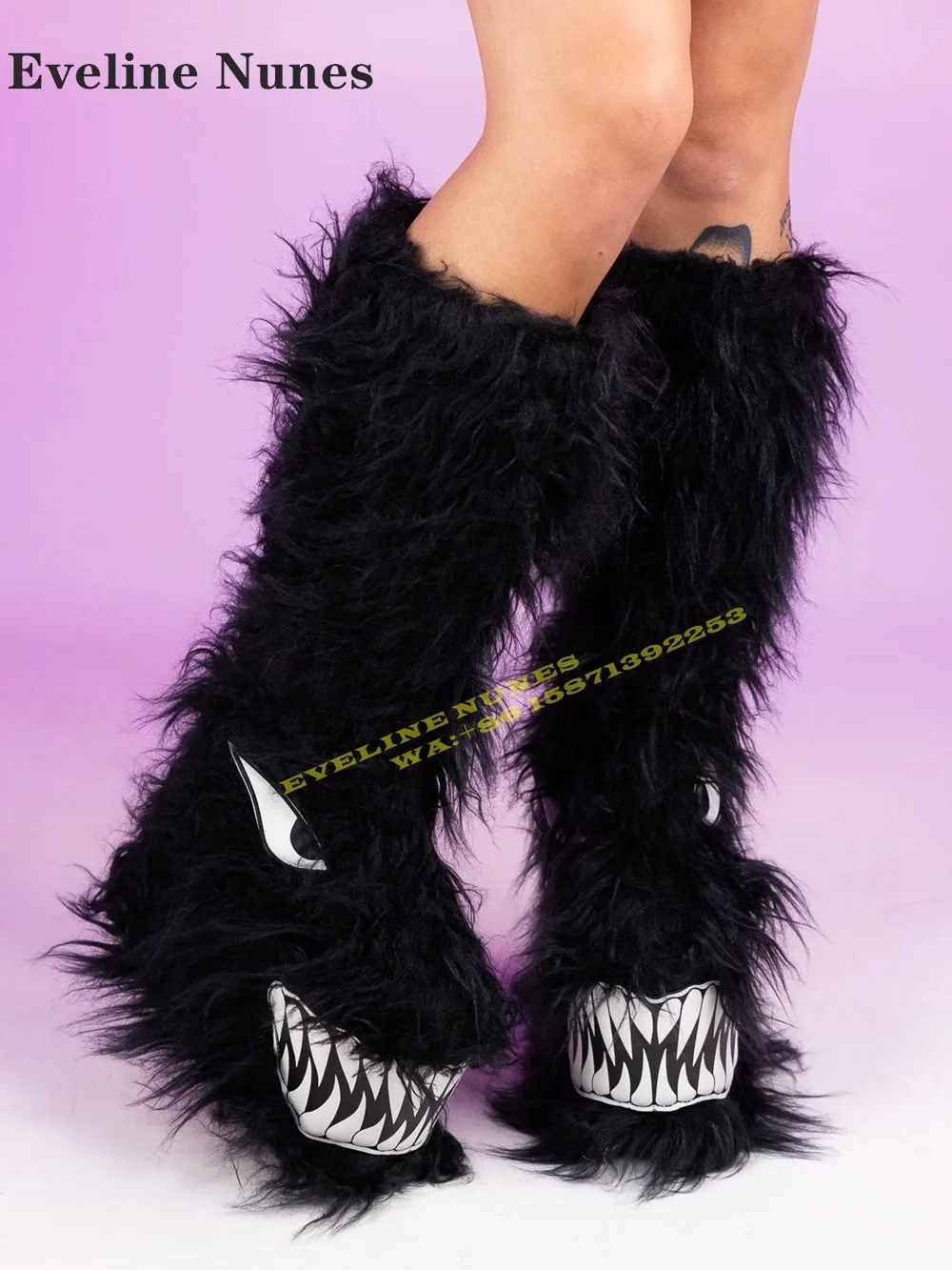 Black Boogie Monster Fuzzy Boots 2025 New Style Round Toe Height Increasing Pull On Modern Boots Large Size Street Style Sexy