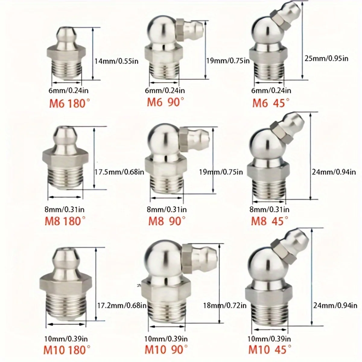 طقم حلمات شحم مجلفن مكون من 60 قطعة - حلمة شحم M6/M8/M10 45 ° /90 ° /180 °   للآلات الصناعية للسيارات والتصنيع