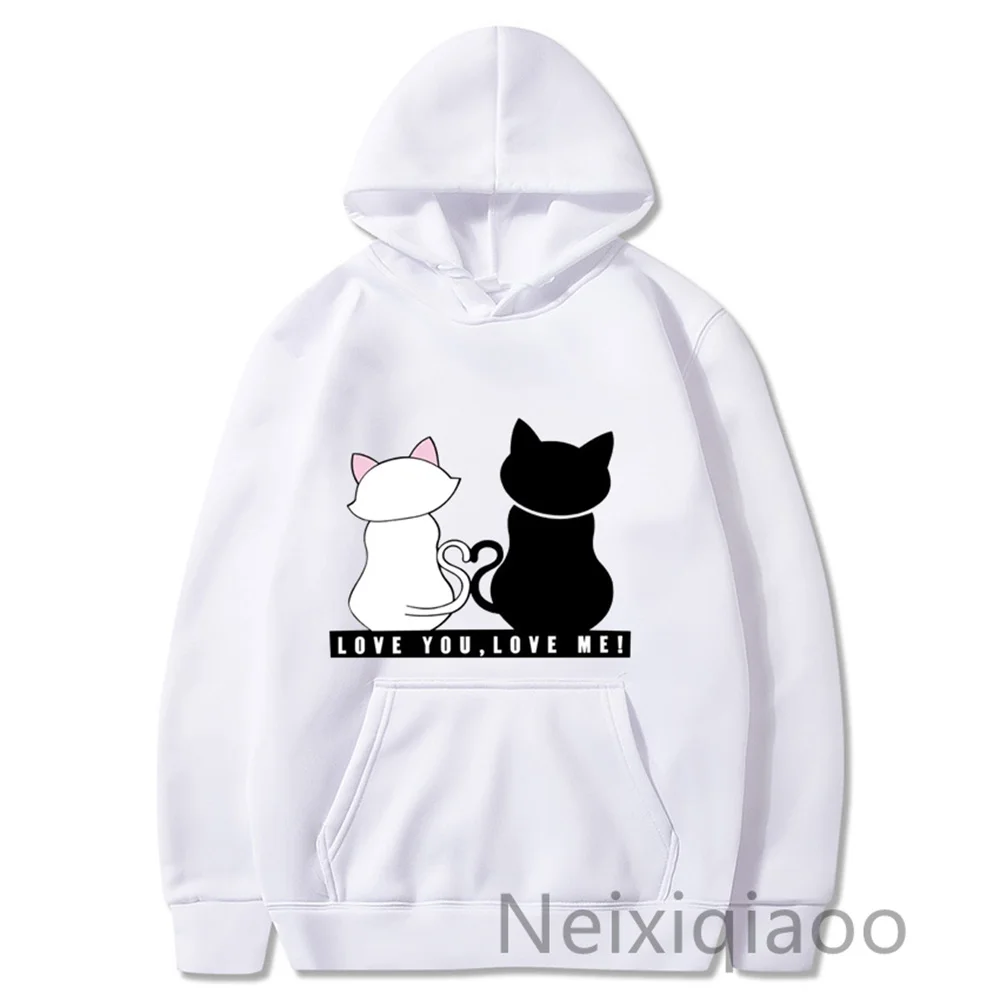 Plus Size Black And White Cat Couple Sweater Print Hoodie Women Men Autumn Winter Fleece Warm Long Sleeve Basic Female Pullover