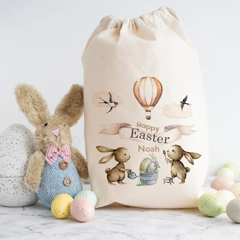 Personalised custom Bunny rabbit bag happy Easter party rustic decoration Egg Hunt basket children kid boy girl gift Sack Bucket