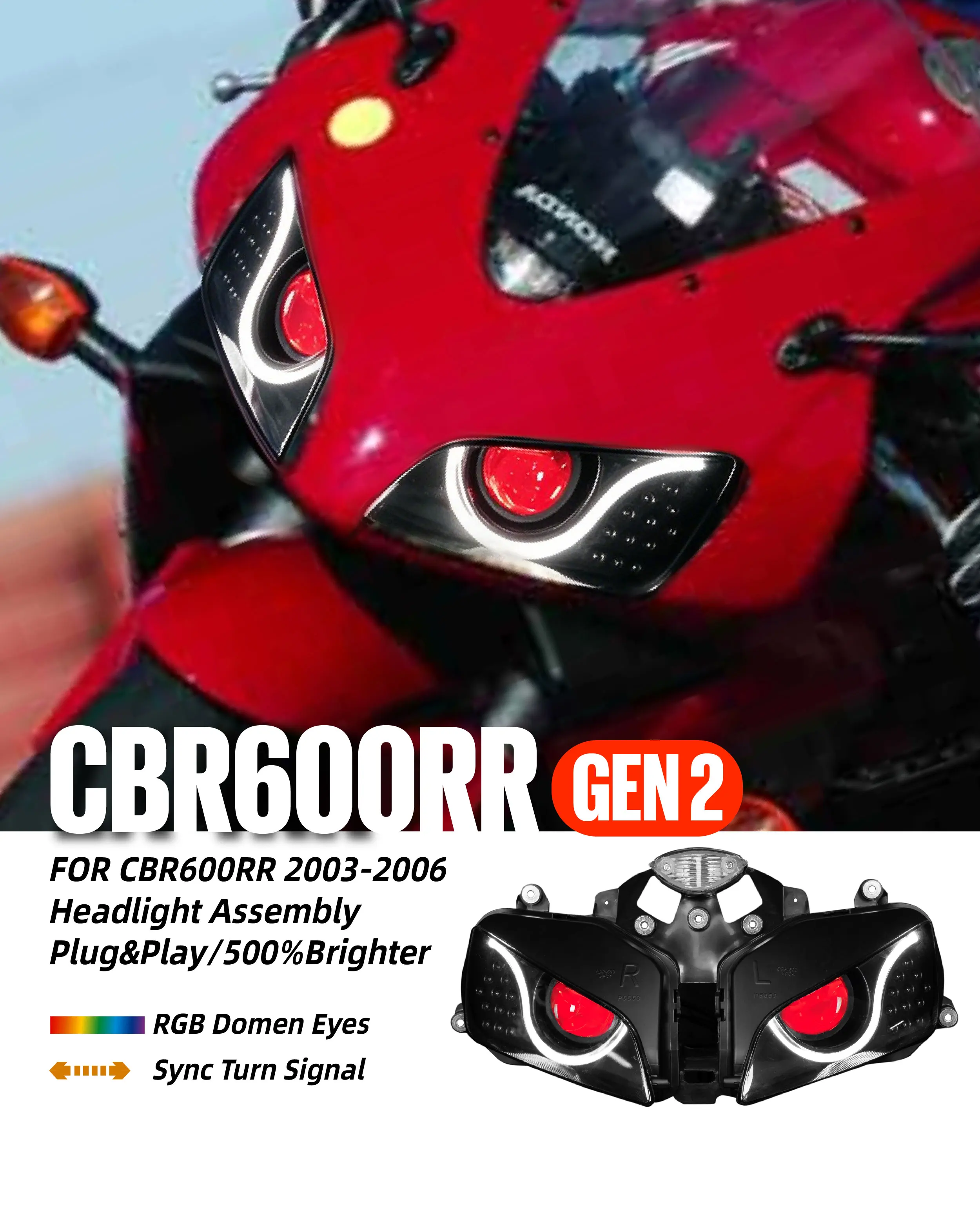 KT Full LED Headlight For Honda CBR600RR 2003-2006 Custom Modified Headlamp RGB Multi-color Change Demon Eye