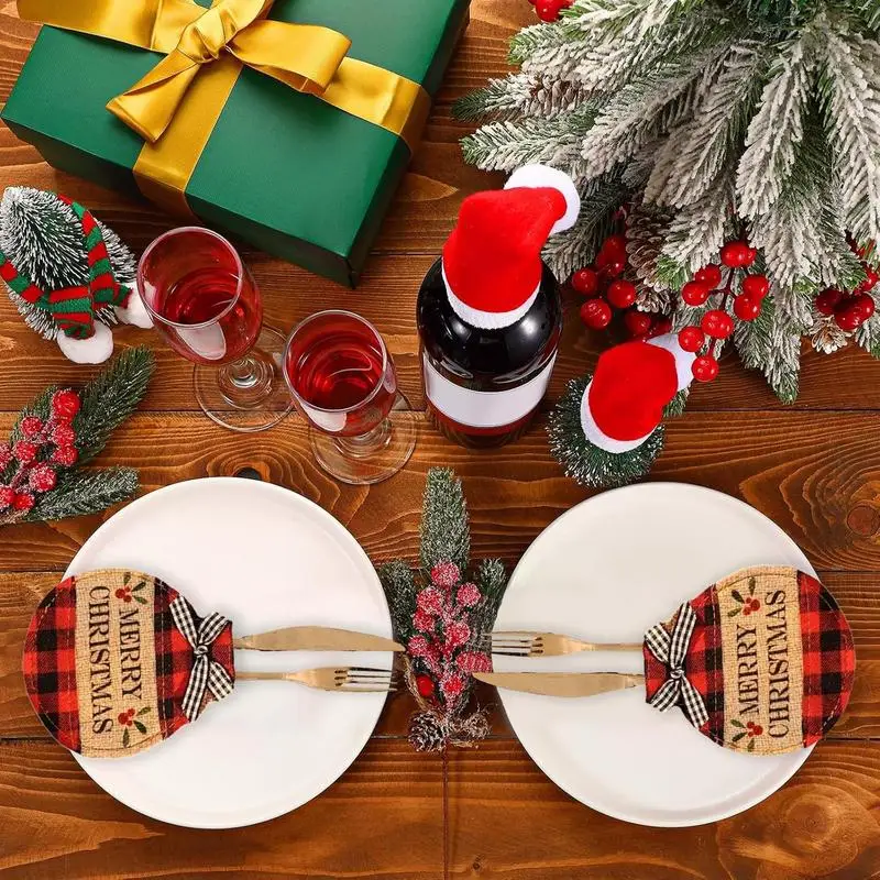 Christmas Silverware Pocket Funny Christmas Utensil Bags Red Black Checkered Tableware Decor 12.5cm/4.9inch Christmas Utensil