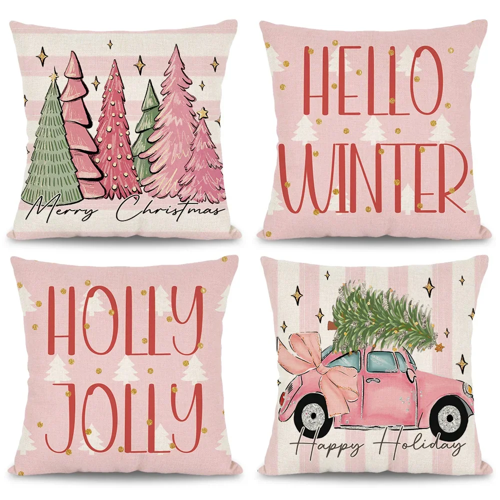 Pink Christmas Pillow Case Cartoon Christmas Tree Car Striped Hand Painted Cushion Cover Winter Holiday Christmas Decor