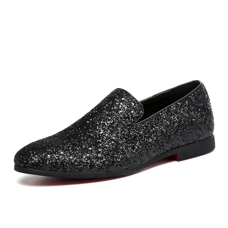 

Men Loafer Dress Shoes Diamond Pointed Toe Shoes Gold Luxury Brand Men Paillette Fashion Mens Leather Shoes Zapatos Hombre