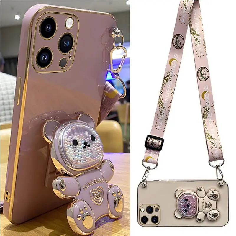 Quicksand Bear Holder Lanyard Phone Case For iPhone 15 14 11 12 13 Pro Max Mini 8 7 6 Plus 10 X Xr Xs Max SE Strap Stand Cover