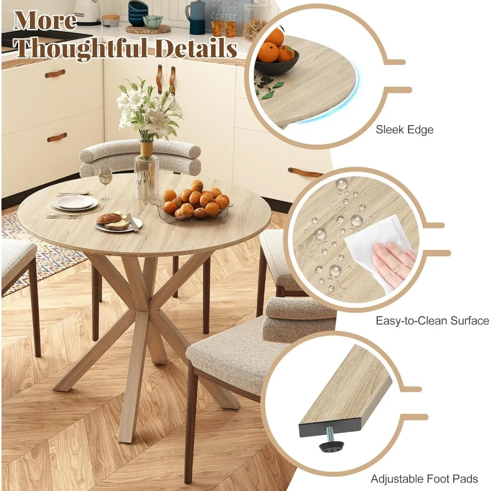 طاولة طعام مستديرة على طراز المزرعة العتيقة 36 لـ 4 أشخاص - طاولة مطبخ من الخشب المطاطي الريفي مع أرجل متقاطعة، مناسبة لـ Vi