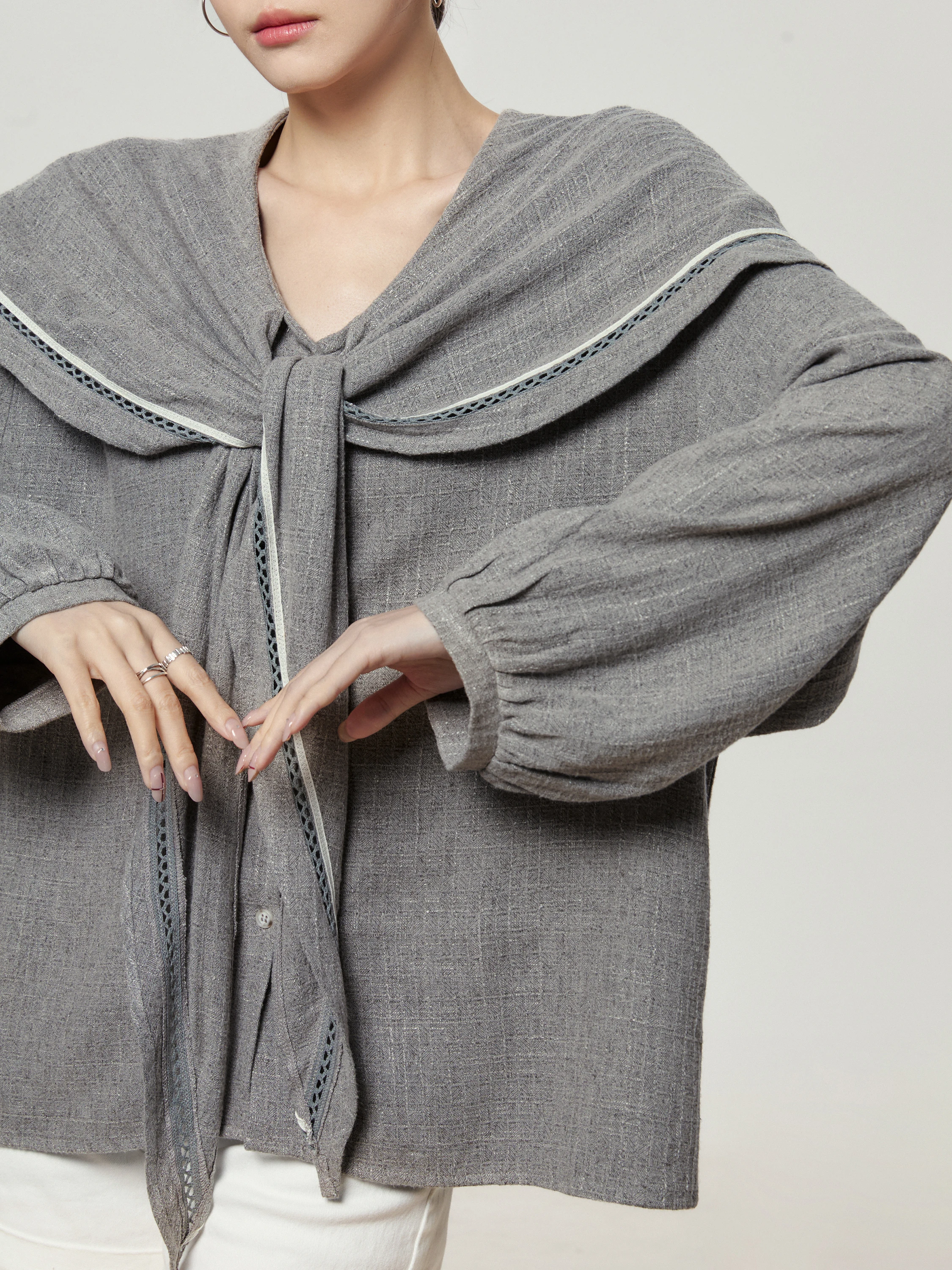 

Grey Linen Naval Collar Lantern Sleeve Loose Women's Shirt Casual Style Polyester Blend Long Sleeve Pure Color Daily Wear