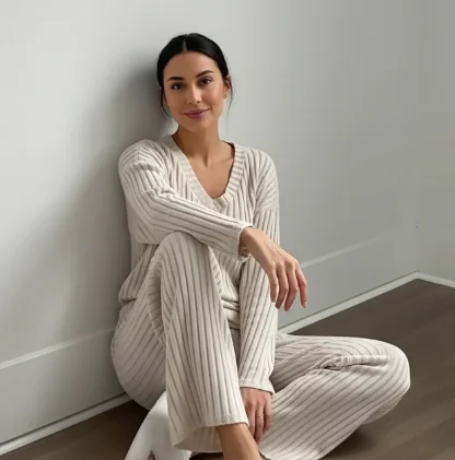 

2026 Spring Fashion Women Homewear Set New Style Straight-leg Pants +Loose-fit V-neck Ribbed Knit Sweater Female Casual Pajamas