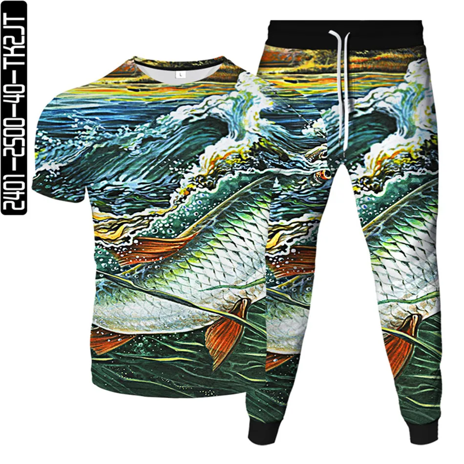 Mens Plus Size Tracksuit Cartoon Animal Shark Fish 3D Printed Women Sportwear Suit Male Female Fashion T-Shirt+Trousers 2pc/Set