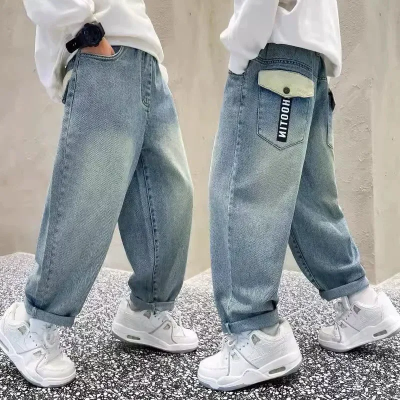 High Quality Big Boy Jeans Denim Pants Kids Casual Wide Straight Jeans Elegant Baby Child Denim Trousers 5 6 7 8 9 10 11 12 14 Y