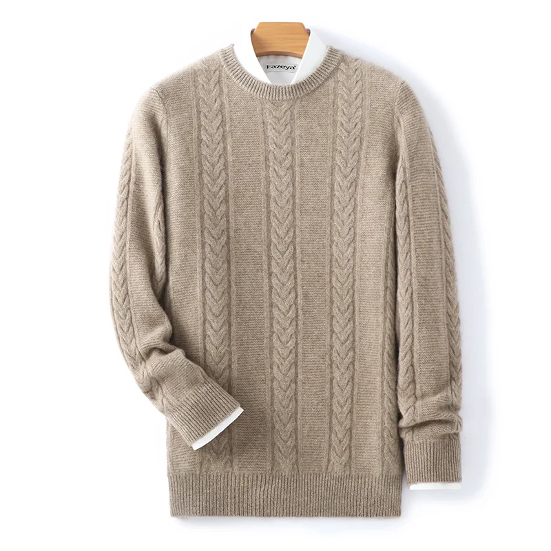 100% Merino Wool Sweater Men's Round Neck Thickened Tops Autumn Winter New Soft Warm Casual Solid Color Knitted Pullover