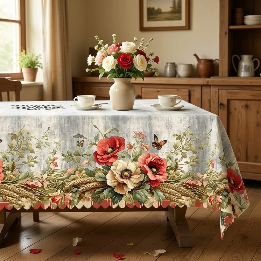Harvest Floral Tablecloth with Poppies & Lemons for Indoor/Outdoor Camping decor, Rectangular/Round/Oval