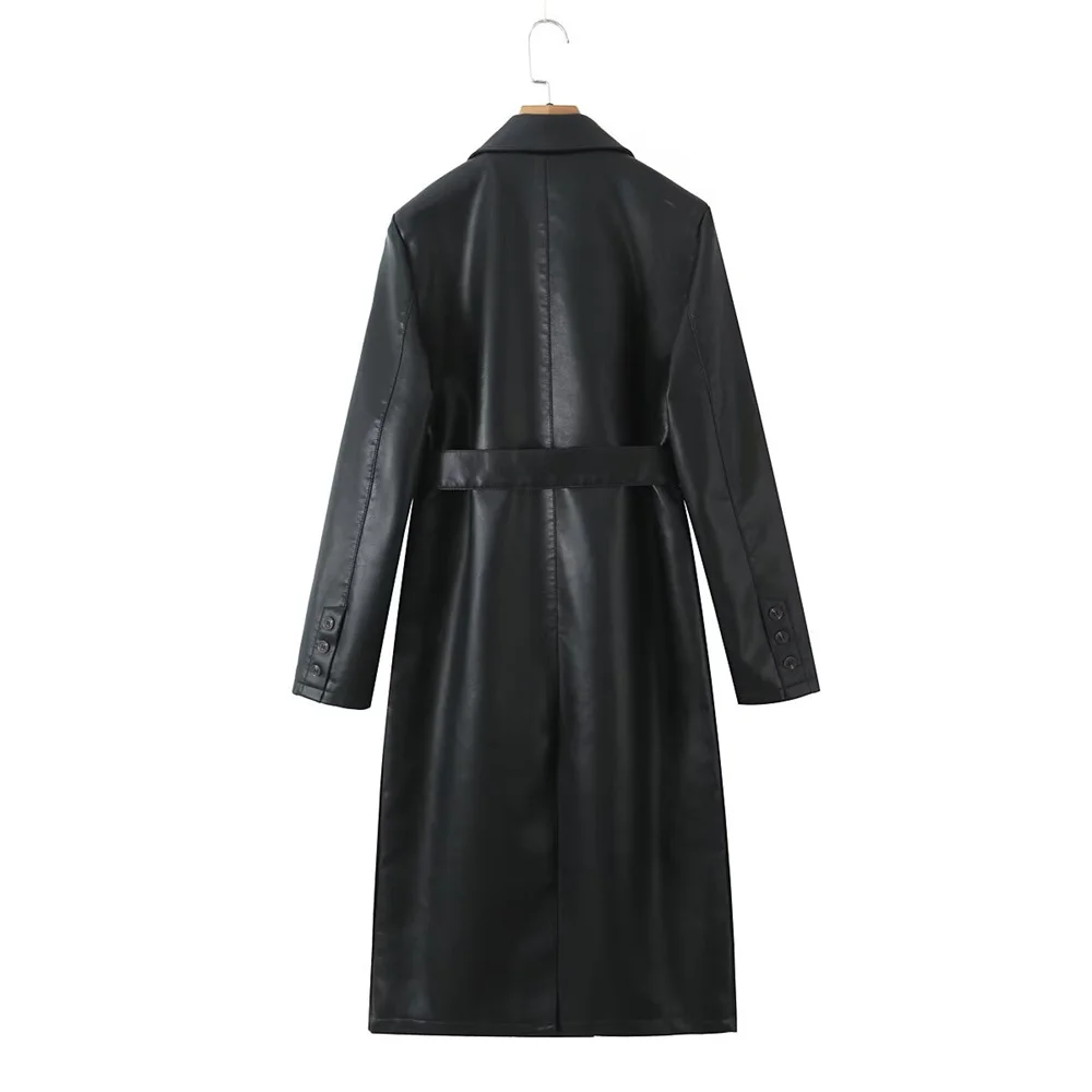 Decorazione con fibbia a doppia fila a maniche lunghe con colletto casual alla moda delle nuove donne estive con giacca lunga in pelle con cintura