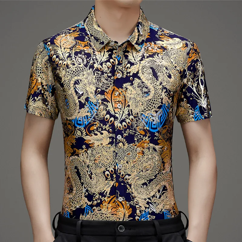 F12aged men's summer short sleeved floral shirt, loose and non ironing casual half sleeved ice silk shirt, hot pressed thin