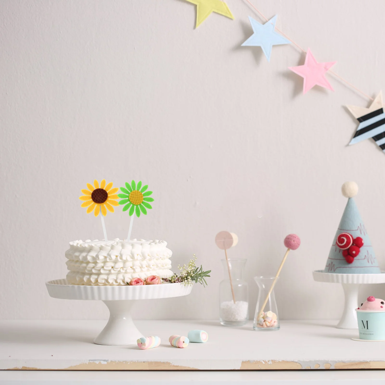 

100Pcs Sunflower Cake Decorations Felt Toppers Birthday Party Picks Wedding Shower Cupcake Dessert Inserts