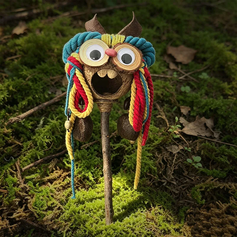 2026 New Handmade Natural Seed Pod Wizard Staff Wind Chime,Cute Ugly Doll Wooden Wand Ornament, Forest Style Handheld Decor Gift