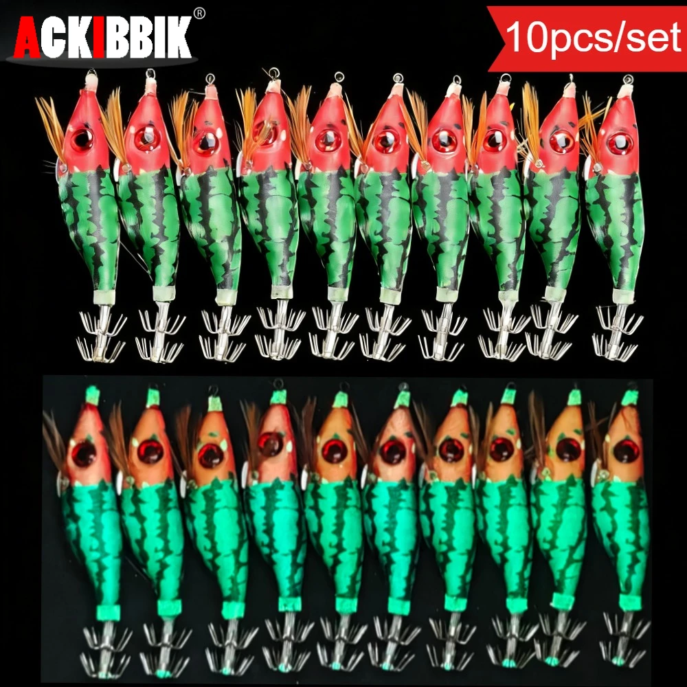 

Набор для морской рыбалки Ackibbik: 10 горизонтальных светящихся джигов для кальмаров (10 см) – приманки для осьминогов, сепии, креветок, октоподов (УФ-свет)