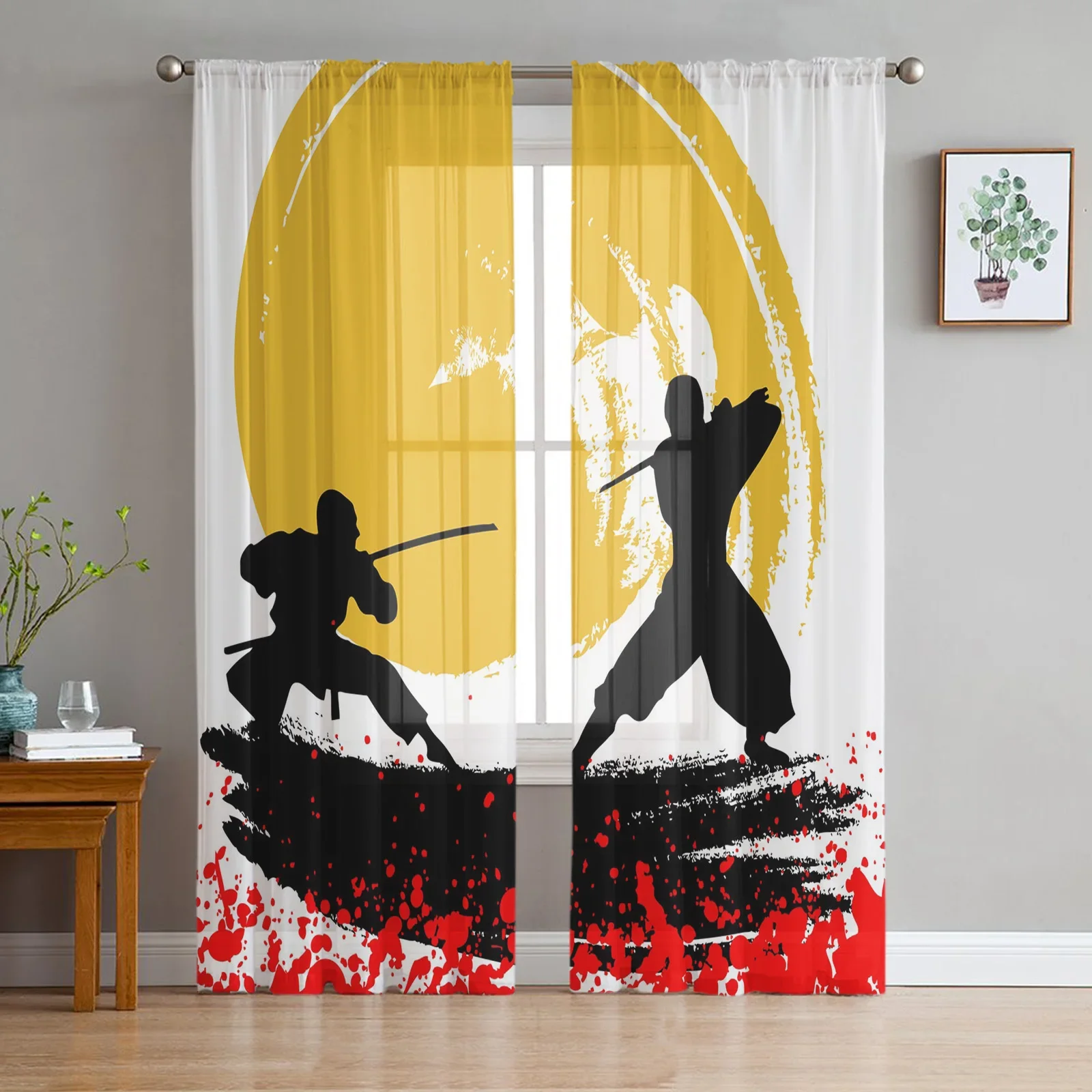 Samurai Ink Painting Sword Modern Printed Tulle Curtains for Bedroom Balcony Window Decor Creative Fashion Home Sheer Curtain