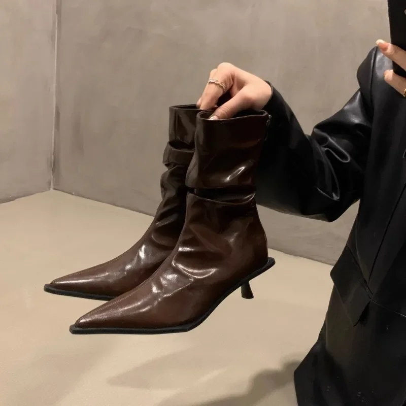 Modne buty damskie ze szpiczastym noskiem botki damskie Botas buty na niskim obcasie 2024 wiosenne jesienne Zapatos Mujer