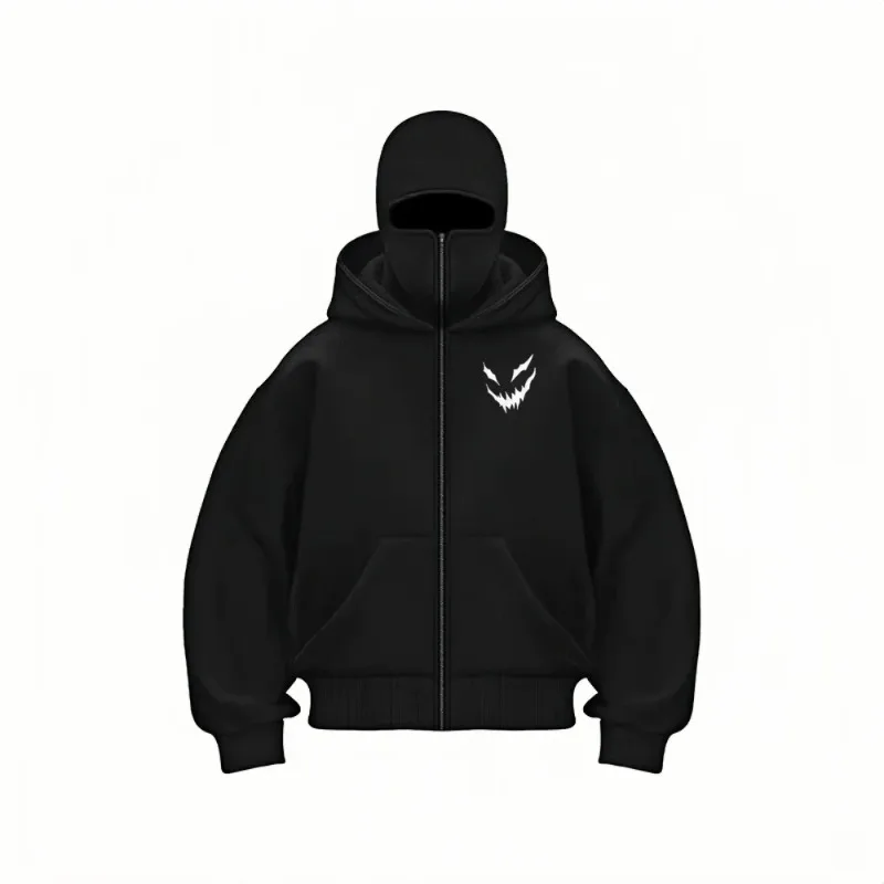 Urban Double-Layer Mask Balaclava Zip Hoodie - Unisex Loose Fit Sweatshirt, Warm for Autumn and Winter, Daily Casual Streetwear