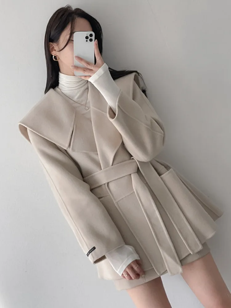 Turn-Down Collar Elegant Slim Fit Wool Jackets Mid-length Long Sleeve Women's Jacket Korea Chic Pocket All-match Veste Femme