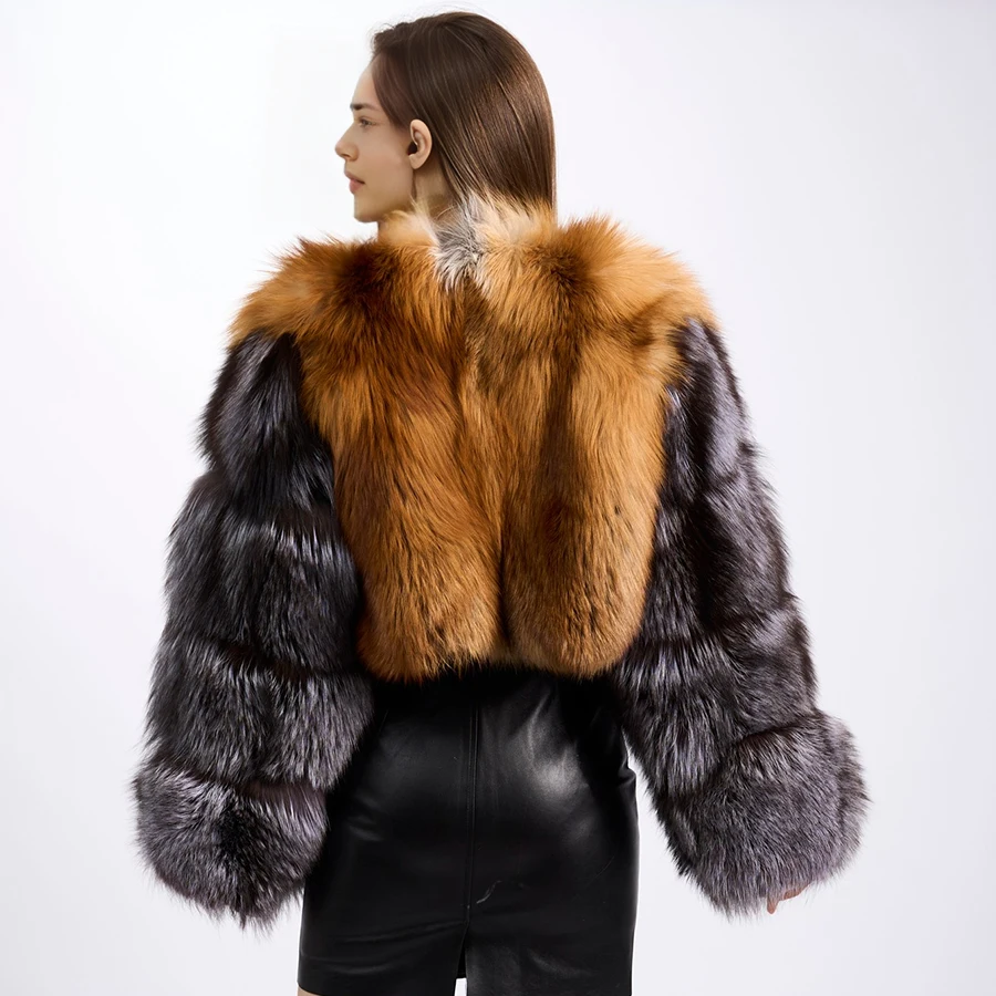 Short Red Fox Fur Coat With Round Collar Real Fur Petite Jacket Natural Silver Fox Fur Jacket Hot Selling Women's Leather Jacket