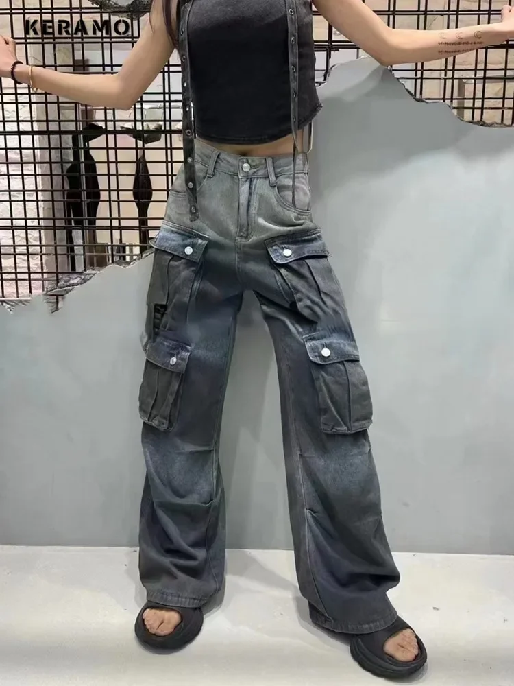 Women's Y2K Baggy 2000s Denim Trouser Washed Vintage Casual Gradient Pockets Pants Grunge Street Retro High Waist Trashy Jeans