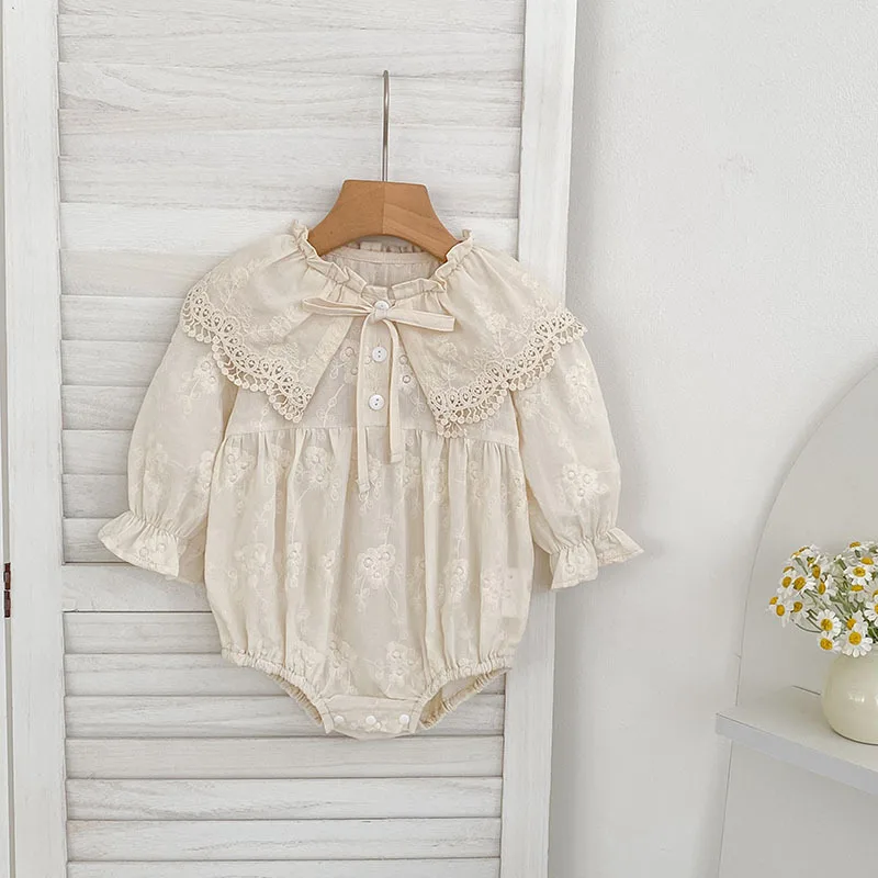 

Girls' Dress with Turn-down Collar Lace Baby Girl Romper Bodysuit Embroidered Long Sleeve Princess Dress Sister Outfit