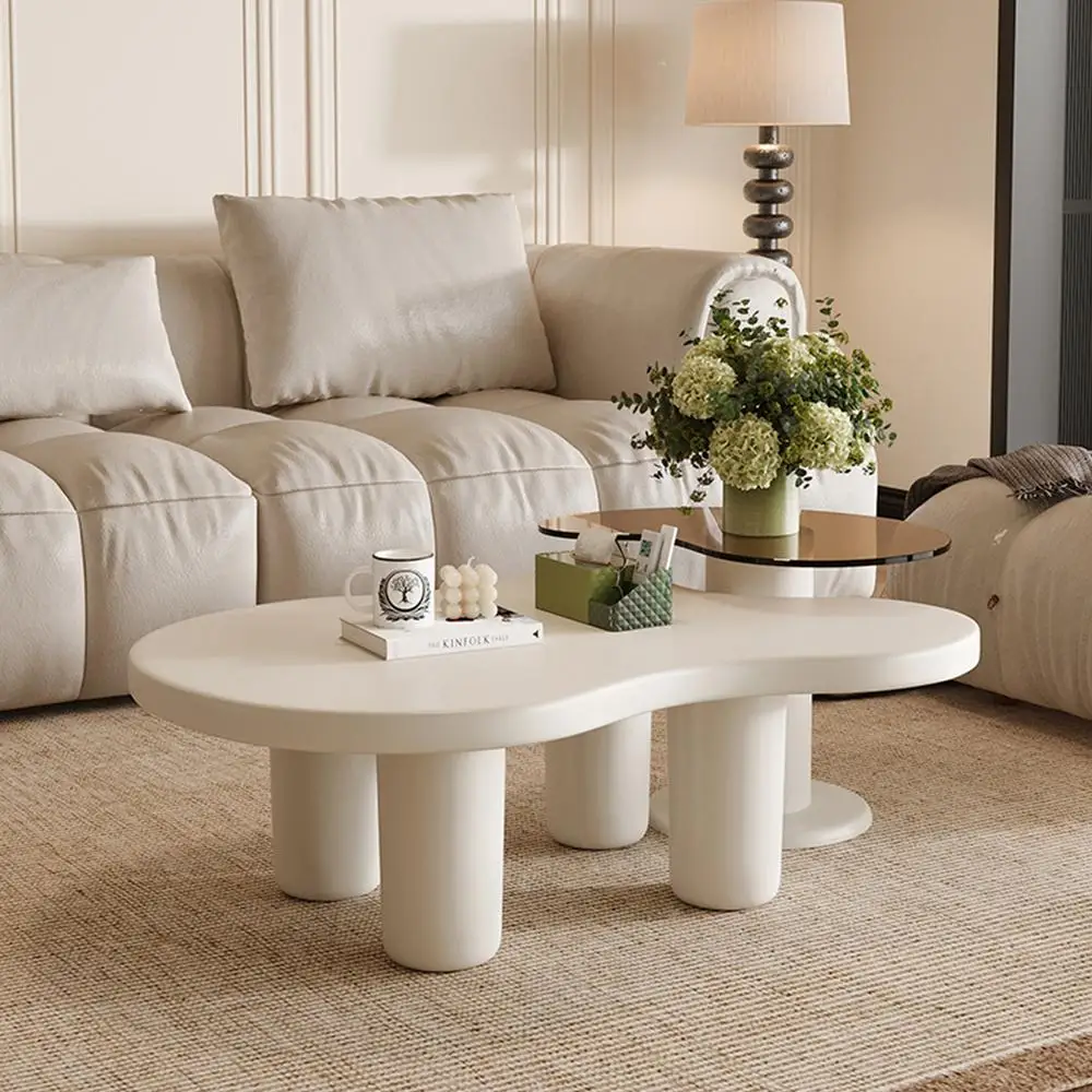 

Cream White Modern Nesting Coffee Tables Set of 2 Irregular Glass Top End Table for Living Room 2 in 1