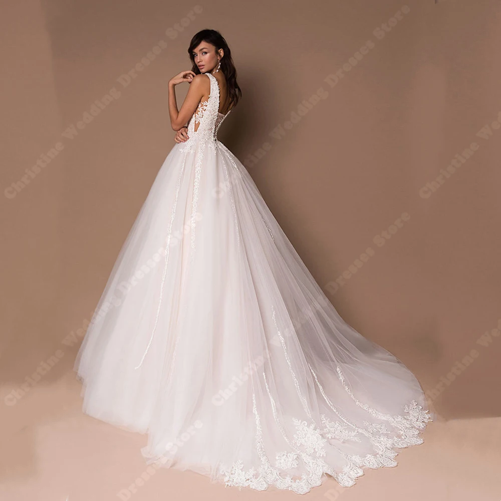 Deep-V Neck Women Wedding Dresses Lace Printing A-Line Bridal Gowns Elegant Sleeveless Engagement Banquet Vestido De Novias 2024