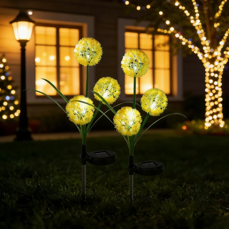 3 Heads Solar Powered Scallion Balls Shaped Outdoor Ground Mounted Light Waterproof Light for Courtyard Garden Landscape Decor