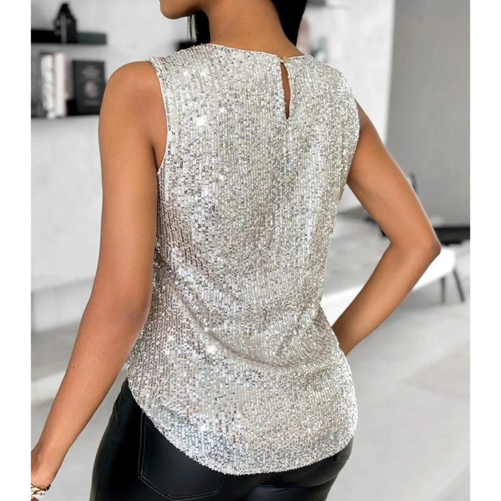New Women's Bling Sequined Tank Top Glitter Loose Round Neck Sleeveless Slim Fit Casual Vest Sexy Office Party Club Streetwear
