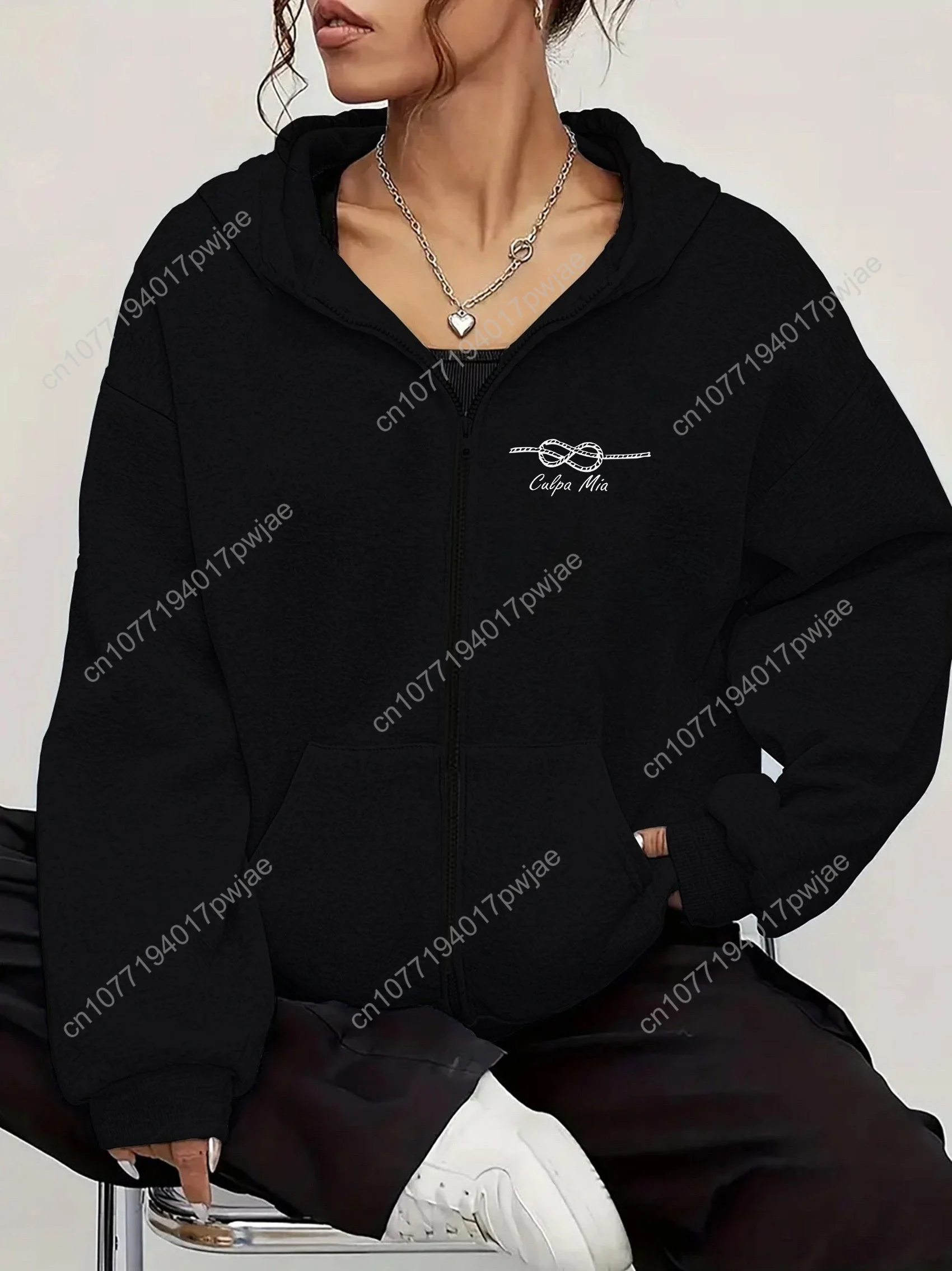 Женская повседневная толстовка на молнии с буквенным принтом CUEPA MIA — свободная посадка, передние карманы, мягкий эластичный полиэстер, можно стирать в машине, B