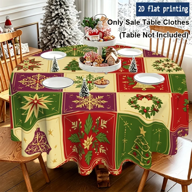 1-Piece Christmas Patchwork Holiday Icons Christmas Round Tablecloths, Pie a Christmas Home Decor, Seasonal Decorations