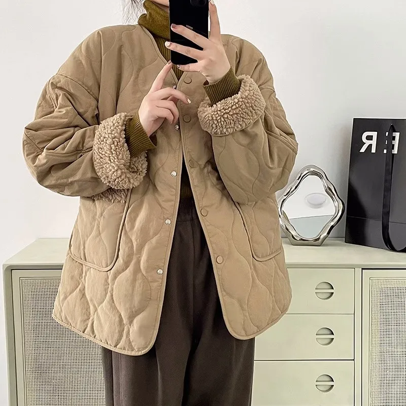 

Lamb Fur Patchwork Thiened Cotton Jaet Women's Korean Sle Loose Design Winter Coat with Fce Warm Diamond Pattern