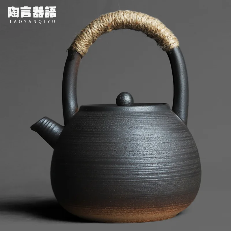 

Rock mine clay material round large ring handle boiling water teapot retro pottery open fire charcoal stove coffee milk soup ket