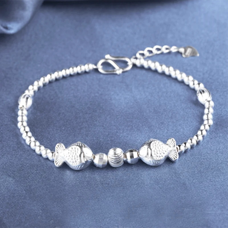 S990 Pure Silver Bracelet For Women Kiss Fish Beaded Bracelet 16+2.5cm Adjustable Gift