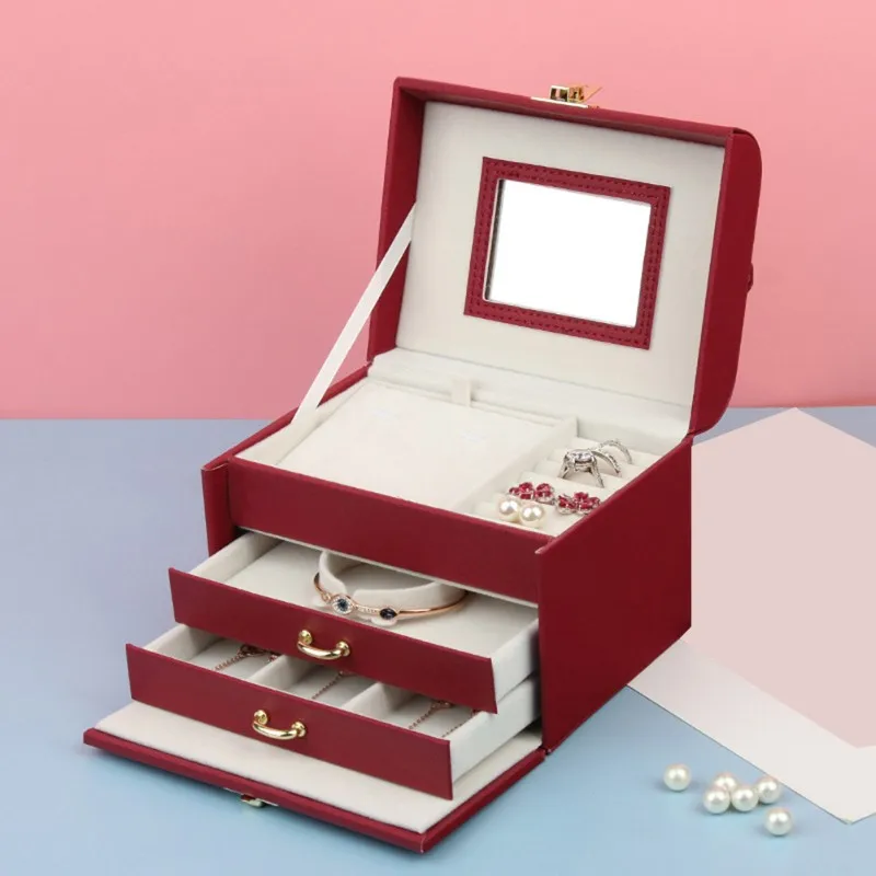 AB33-럭셔리 PU 가죽 와인 레드 보석함-팔찌, 반지, 목걸이, 귀걸이를 위한 중국 스타일의 3층 보관함
