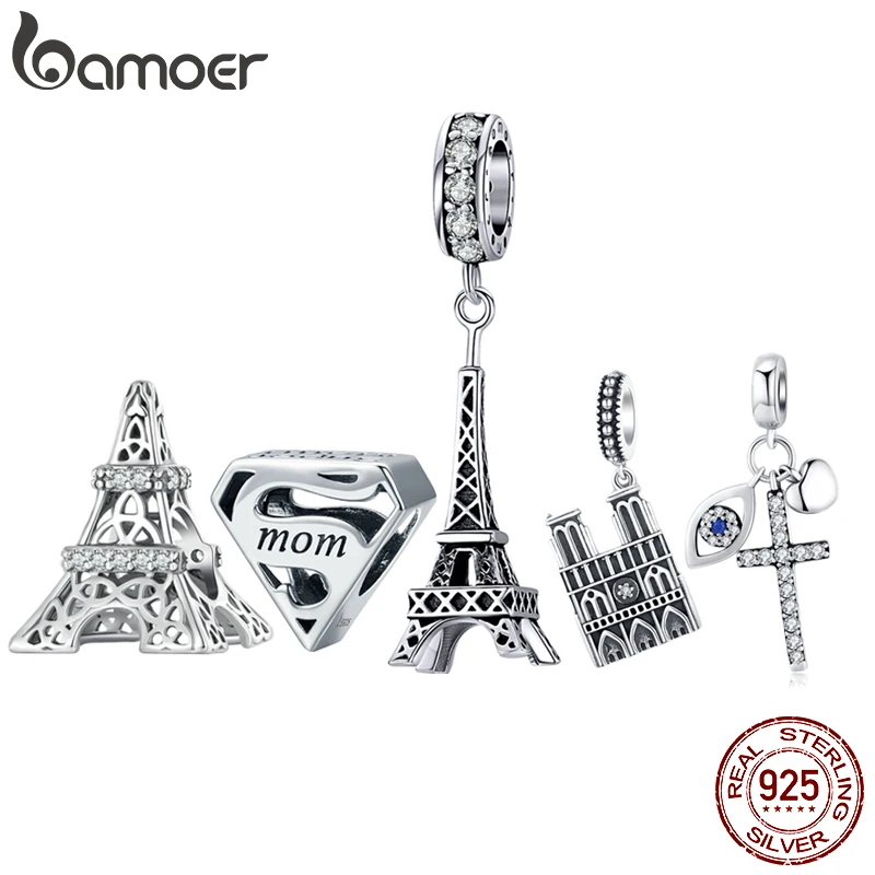 

Bamoer 925 Sterling Silver Eiffel Tower Beads Landmark Building Charms for Women Bracelet DIY Pave Setting CZ Fine Jewelry