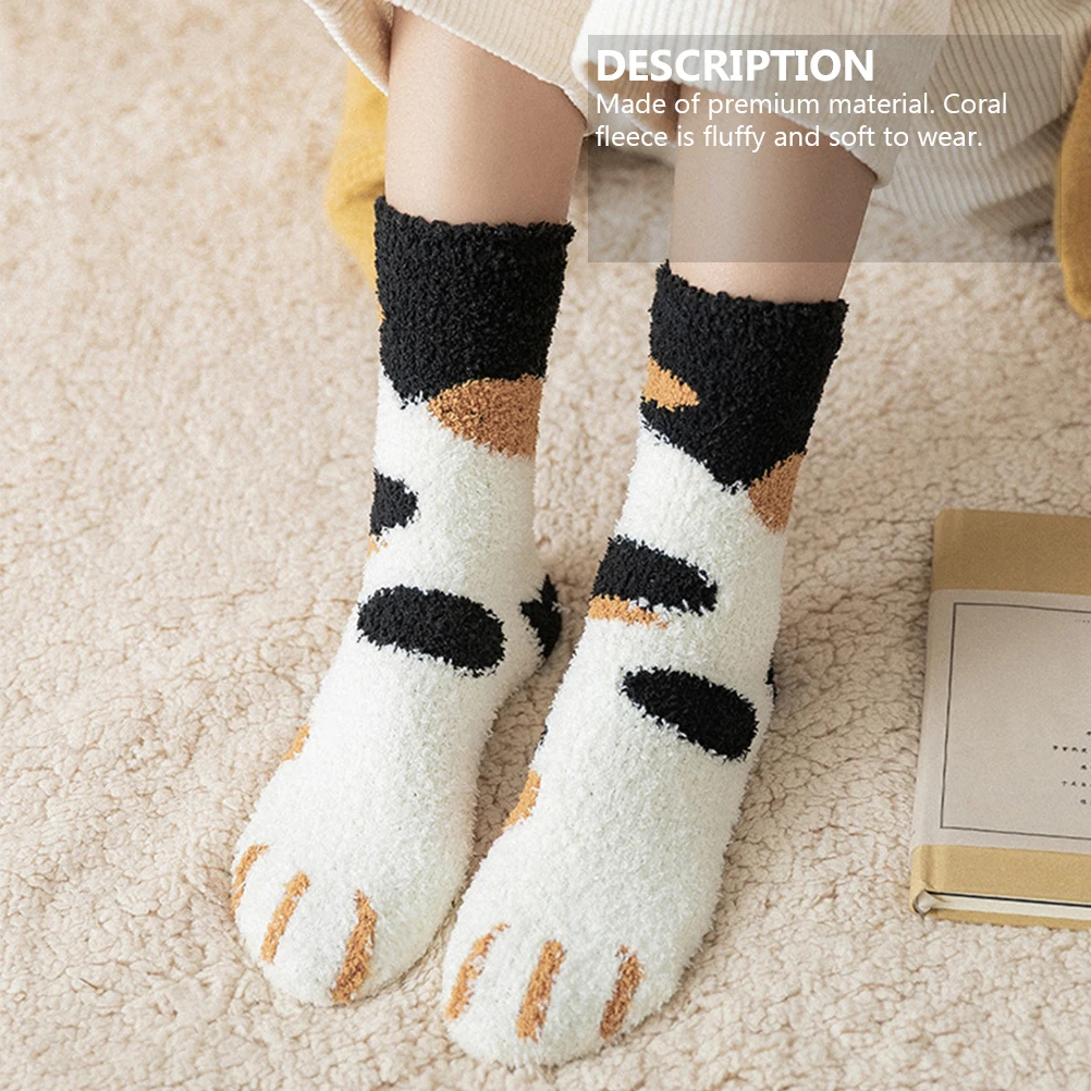 6 Pairs Winter Warm Fluffy Socks Thicken Coral Fleece Stockings Cute Animal Claw Cat Paw Footprint Socks Home Floor Sleep Socks