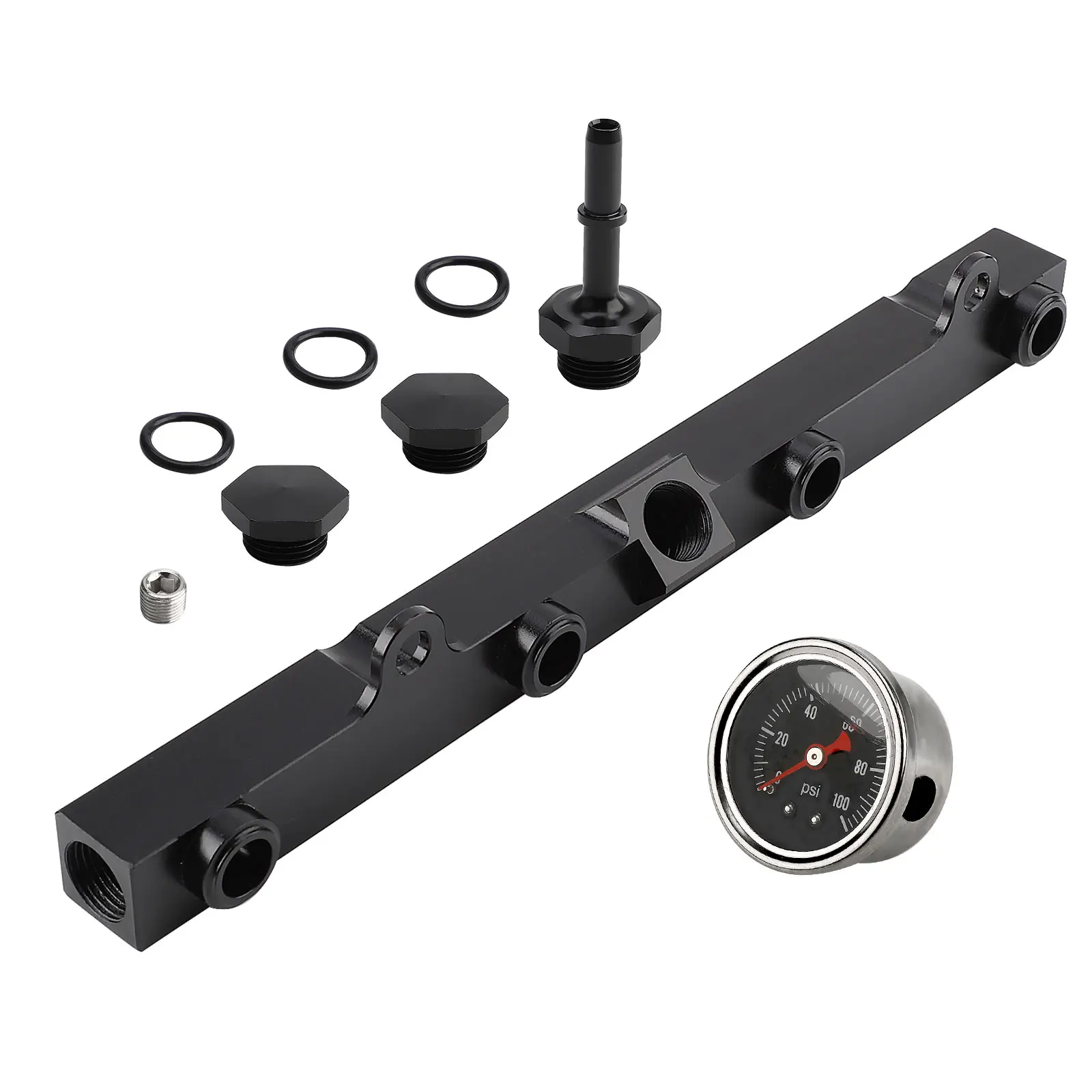 Black Aluminum Fuel Pressure Regulator Gauge Fuel Rail Kit Fit FOR HONDA K20 K20a K24 K24a RSX CIVIC SI INTEGRA EP3 with Gauge