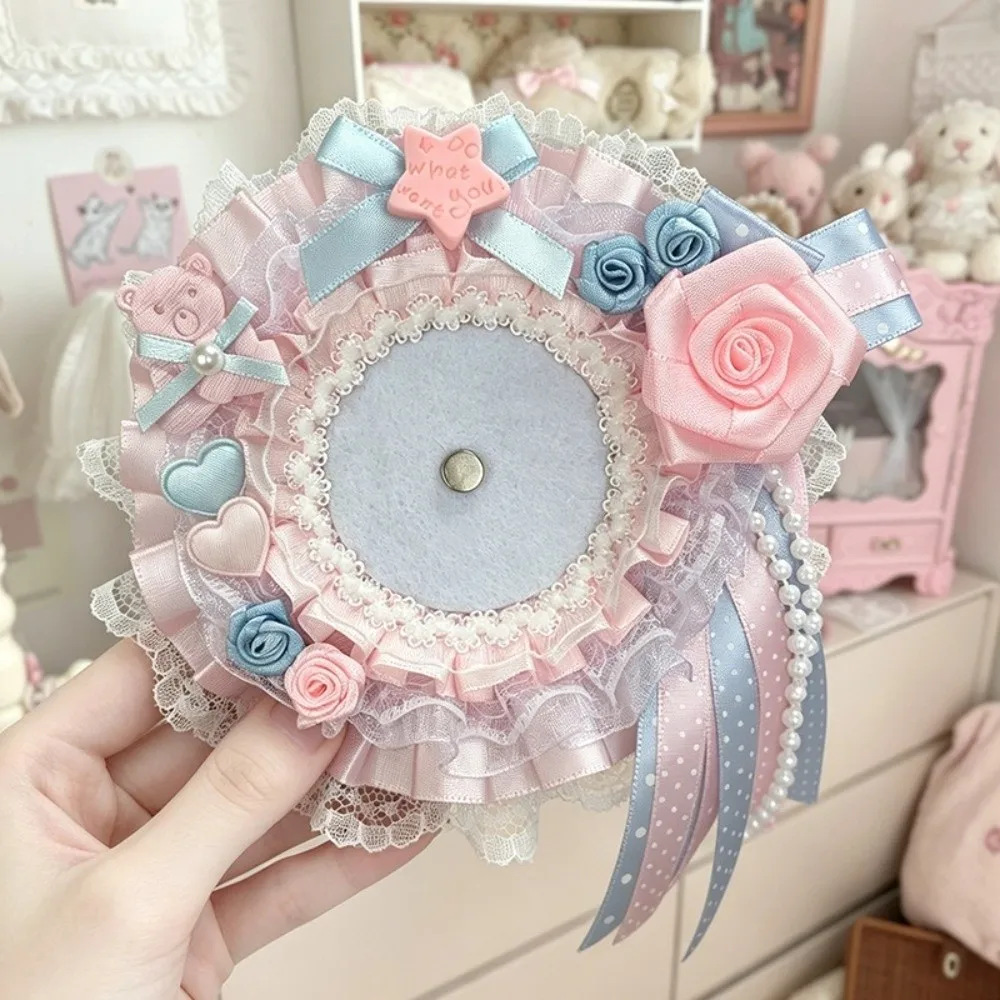 Portable Handmade Heart Badge Holder Heart Shape Lace Bow Card Holder Photo Display DIY Bag Decoration For Kpop Lovers