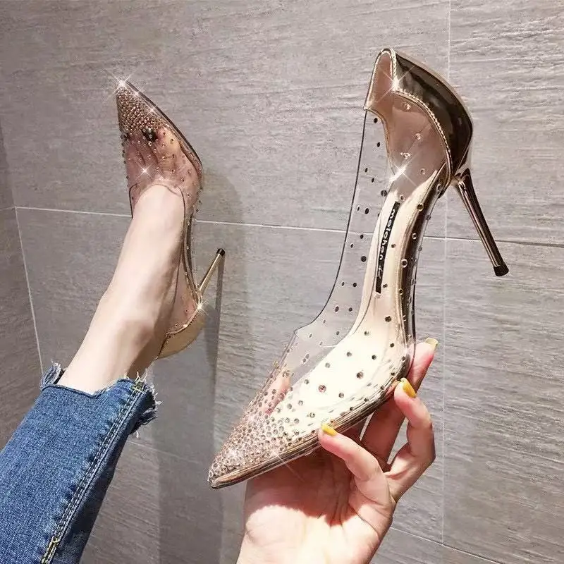 HKDQ Women's Pumps Pointed Toe High Heel Clear Transparent Upper Rhinestone Embellished Elegant Party Trendy Footwear