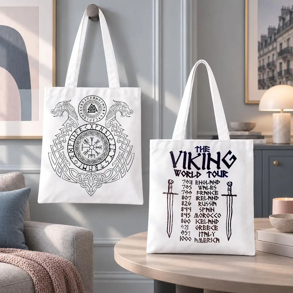 Vintage Culture Viking Storage Bags Eco Canvas Tote Odorless Reusable Double Print Shopping Bag