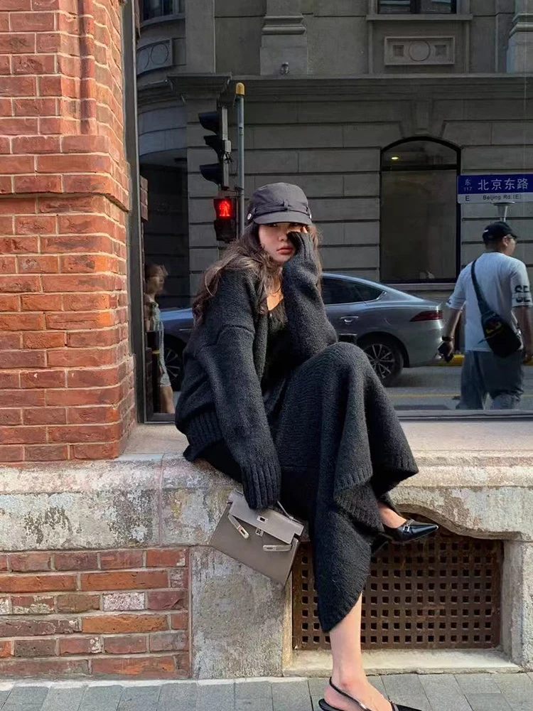 Para as mulheres inverno vintage decote em v solto quente pulôver coreano cintura alta midi saias conjunto de camisola de malha saias 2 peça conjunto