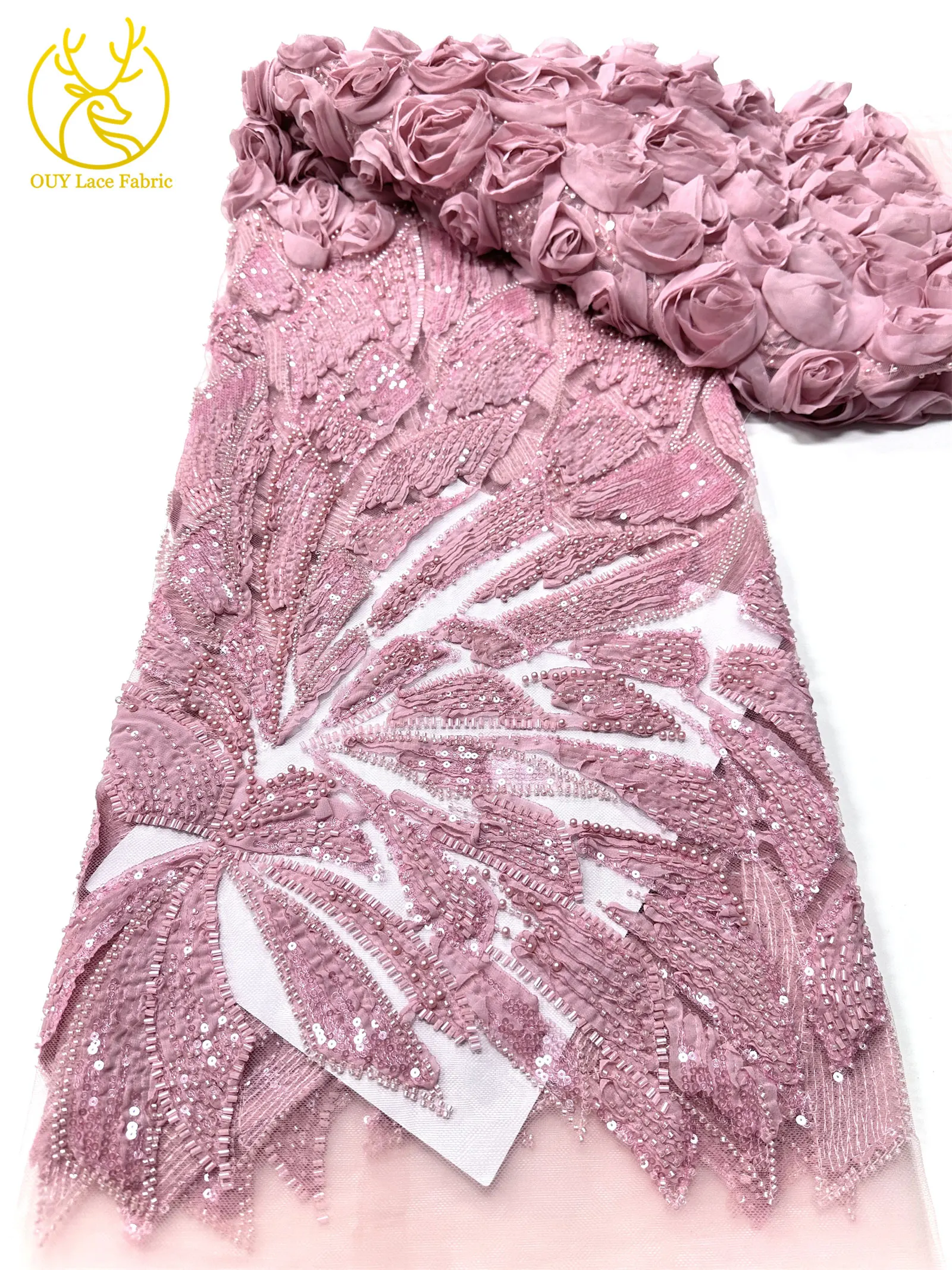 Rosa 3D Mode-Mesh-Tüll-Spitzenstoff 2026 Nigerianischer Perlen-Pailletten-Spitzenstoff für Damen Hochzeits- und Abendkleider zum Nähen 5 Yards – Detail 15