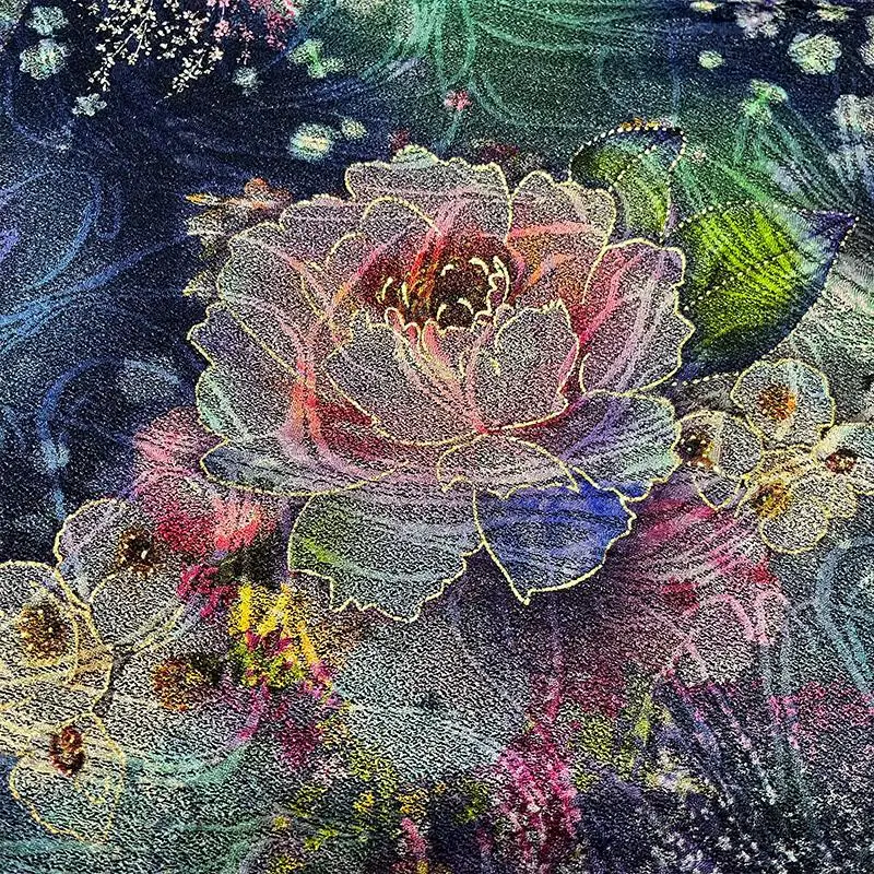 

Новая трикотажная эластичная ткань с цифровой печатью под цифровую живопись, с цветочным узором и золотым тиснением, для высококачественной китайской одежды, весна-осень