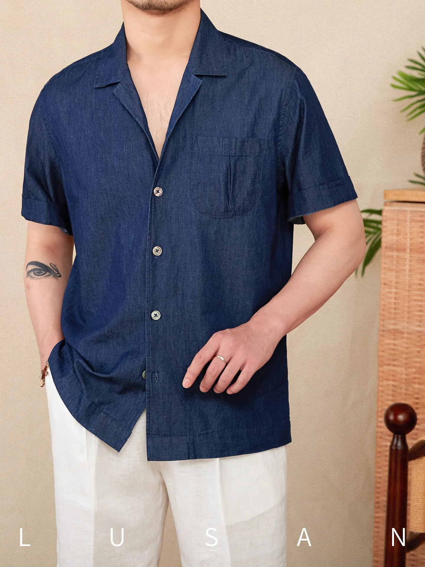 

Retro Men's Cotton Shirt Summer Short Sleeve Cuban Collar Japanese Style Light Breathable Gentleman Casual Shirt