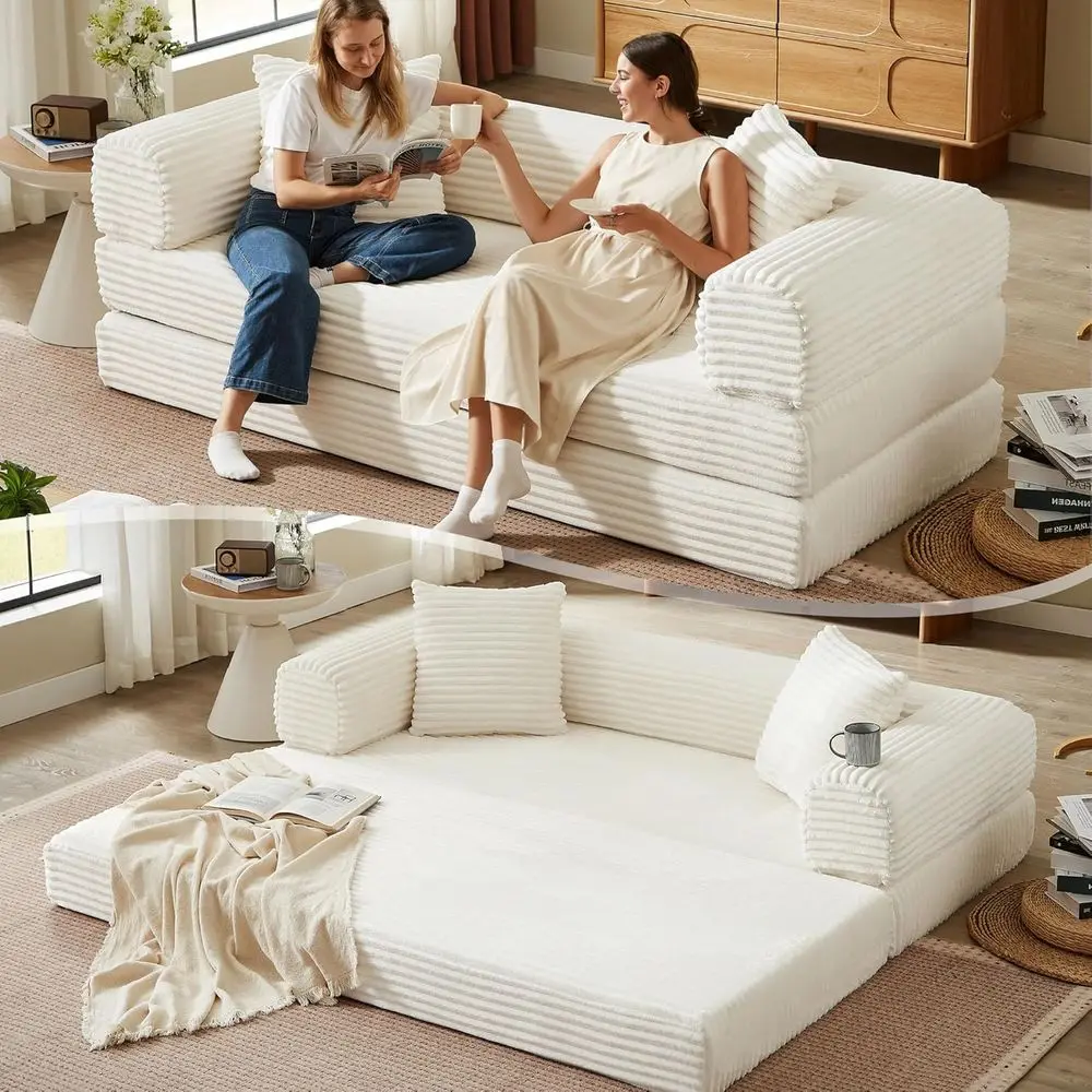 

Versatile Couches for Living Room No-Install Sofa Bed Corduroy Futon Soft Cloud Couch with Pillows for Bedroom Game Movie